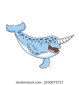 Ilustração dos desenhos animados de Narwhal. animais selvagens isolados. Coleção de desenhos animados de animais. Personagem Narwhal Cartoon