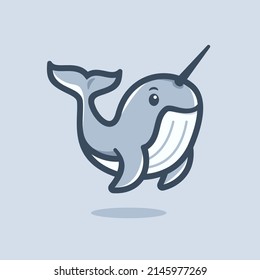 narwhal cartoon mascot design. cetacean whale with horn vector Illustration. cute narwhal logo icon