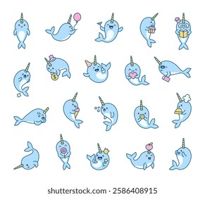 Narwhal character set with adorable cartoon emotions and fun activities, featuring business, celebration, magic, reading, gifts, heartwarming moments