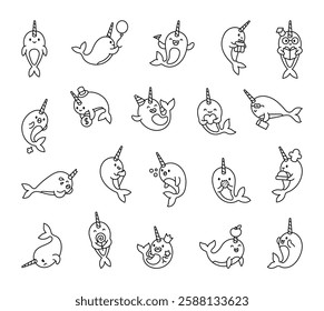 Narwhal character set with adorable cartoon emotions and fun activities, featuring business, celebration, magic, reading, gifts, heartwarming moments