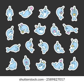 Narwhal character set with adorable cartoon emotions and fun activities, featuring business, celebration, magic, reading, gifts, heartwarming moments