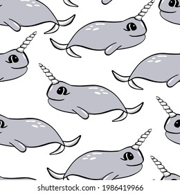 Narwhal. Children's cartoon illustration. Seamless patterns. Vector illustration for printing on fabric, decoration of a child's room, packaging decor