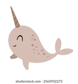 Narwhal clipart. Cute Arctic animal clipart. Hand draw vector illustration in flat style