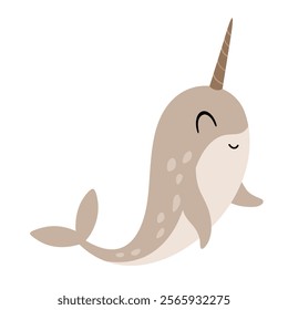 Narwhal clipart. Cute Arctic animal clipart. Hand draw vector illustration in flat style