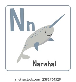 Narwhal clipart. Narwhal vector illustration cartoon flat style. Animals start with letter N. Animal alphabet card. Learning letter N card. Kids education. Cute narwhal vector design