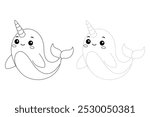 Narwhal coloring pages for kids. Trace and color Narwhal with Horn. Narwhal sea ocean animal flashcard for kids. Letters N is for Narwhal. Kindergarten and preschool worksheets printable for kids. 