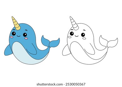 Páginas de coloração narval para crianças. Traço e cor Narwhal com chifre. Narval mar oceano animal flashcard para crianças. Letras N é para Narwhal. Planilhas de jardim de infância e pré-escola imprimíveis para crianças. 