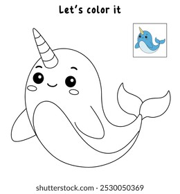 Narwhal para colorear para niños. Trazo y color Narval con Cuerno. Tarjeta flash de animales marinos de Narwhal para niños. Letras N es para Narwhal. Hojas de trabajo de jardín de infantes y preescolar imprimibles para niños. 