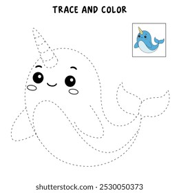 Páginas de coloração narval para crianças. Traço e cor Narwhal com chifre. Narval mar oceano animal flashcard para crianças. Letras N é para Narwhal. Planilhas de jardim de infância e pré-escola imprimíveis para crianças. 