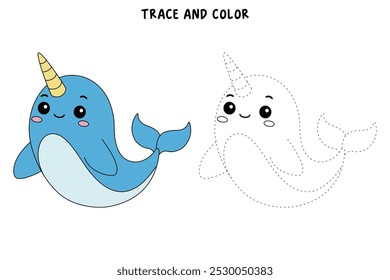 Páginas de coloração narval para crianças. Traço e cor Narwhal com chifre. Narval mar oceano animal flashcard para crianças. Letras N é para Narwhal. Planilhas de jardim de infância e pré-escola imprimíveis para crianças. 