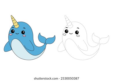 Páginas de coloração narval para crianças. Traço e cor Narwhal com chifre. Narval mar oceano animal flashcard para crianças. Letras N é para Narwhal. Planilhas de jardim de infância e pré-escola imprimíveis para crianças. 