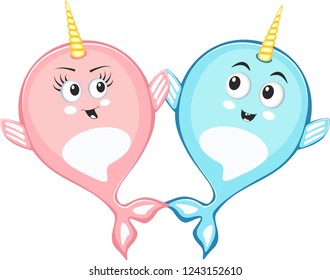 Narwhal couple characters in cartoon style drawing