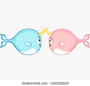 Narwhal couple characters in cartoon style drawing