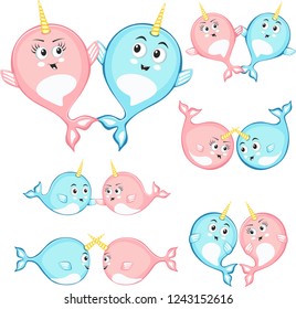 Narwhal couple characters in cartoon style drawing