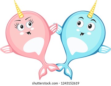 Narwhal couple characters in cartoon style drawing