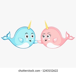 Narwhal couple characters in cartoon style drawing