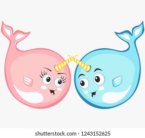 Narwhal couple characters in cartoon style drawing