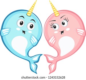 Narwhal couple characters in cartoon style drawing