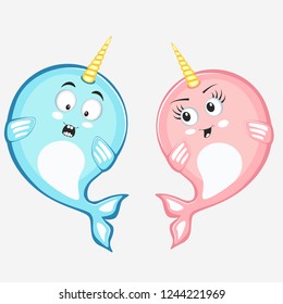 Narwhal couple characters in cartoon style drawing