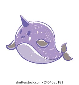 Narwhal cute animal character. Hand drawing. Funny objects vector illustration.