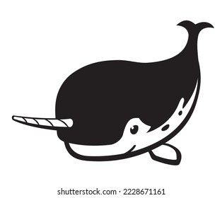 Narwhal Cute in Black and White, Dive Side View Illustration 