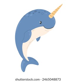 Narwhal in a cute cartoon style isolated on white. Vector illustration with a blue smiling narwhal