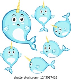 Narwhal cute character in cartoon style drawing