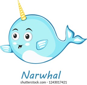 Narwhal cute character in cartoon style drawing