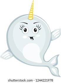 Narwhal cute character in cartoon style drawing