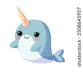 Narwhal cute childish  cartoon illustration. Vector narwhal  isolated on white background Flat design element