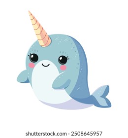 Narwhal cute childish  cartoon illustration. Vector narwhal  isolated on white background Flat design element