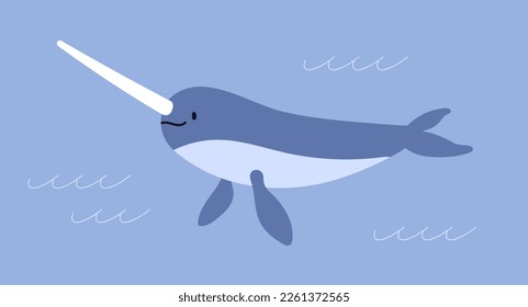 Narwhal, cute unicorn fish. Sea ocean animal swimming in water. Adorable marine narwal, happy friendly kawaii fairytale underwater mammal with horn. Childish Scandinavian flat vector illustration