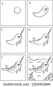 Narwhal drawing instruction and coloring book