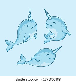Narwhal Fish Cartoon Illustrations Set Collection