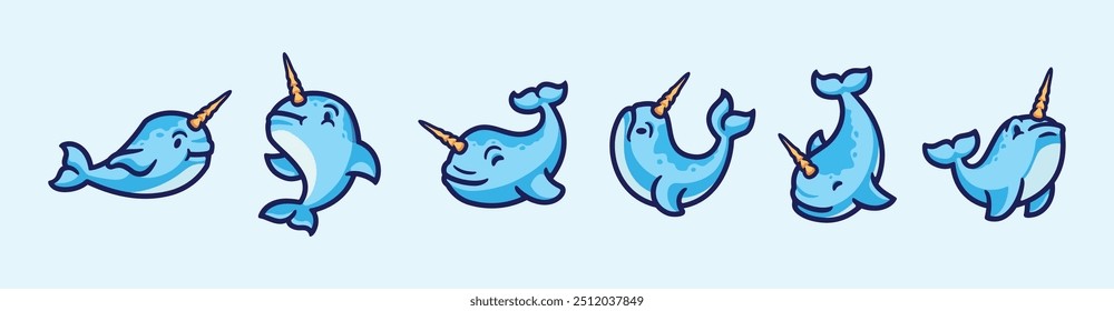 Coleção de pacotes de peixes Narwhal desenho animado personagem vetor ilustração