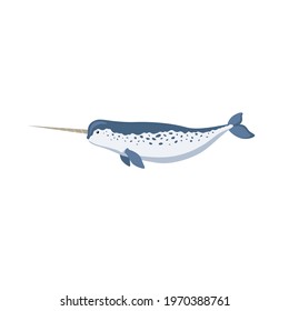 Narwhal floats.  A sea animal narwhal. Vector flat illustration.