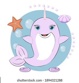 Narwhal mit Horn haben Spaß auf blasen Hintergrund, Bild in Hand Zeichnen Cartoon Stil, für T-Shirt Kleidung Design, Grußkarte, Postkarte. Babydusche. Einladung