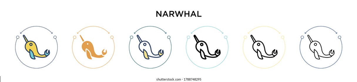 Narwhal icon in filled, thin line, outline and stroke style. Vector illustration of two colored and black narwhal vector icons designs can be used for mobile, ui, web