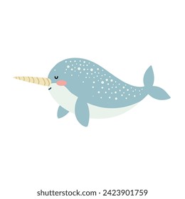 Narwhal illustration for kids. Sea creatures clipart in flat style isolated on white