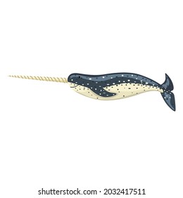 Narwhal isolated on white background. Cartoon character of ocean for children. Simple print with marine mammal. Design for any purposes. Vector illustration.