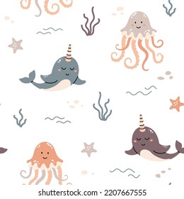 Narwhal and jellyfish sea seamless childish pattern on white background. Hand drawn repeat pattern for wrapping, fabric, textile or paper projects. Vector illustration.