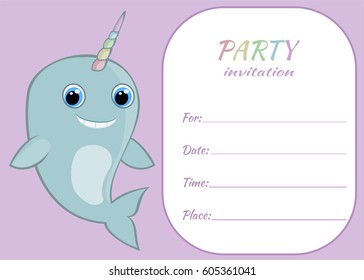 Narwhal kids party invitation card template, children party invite card design