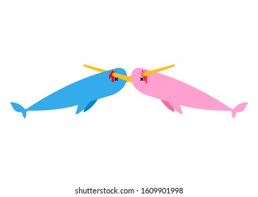 Narwhal kiss. Unicorn-fish love. See Animals pierced each other a symbol of eternal love. vector illustration