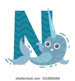 Narwhal with the letter N. Vector illustration on a white background.