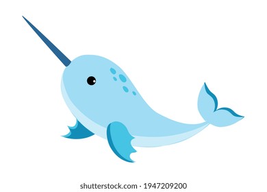 Narwhal with Long Tusk as Sea Animal Floating Underwater Vector Illustration