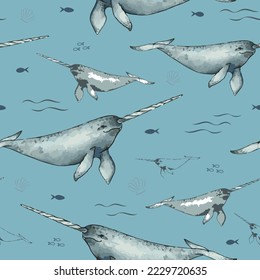 narwhal on a blue background. pattern for children's things. magic narwhal