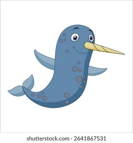 narwhal on white background. Flat vector illustration in simple child style. Narwhal illustration on White Background