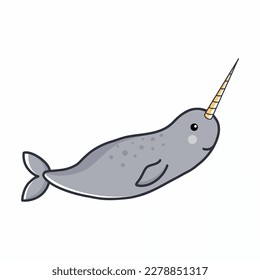 Narwhal on white background. Illustration for children in cartoon style.