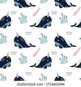 Narwhal pattern. Cute sea kids pattern with narwhal whale. Baby sea animals seamless background. Under sea wallpaper. Blue narwhal prints. Aquatic kids pattern. Vector cartoon fabric illustration.