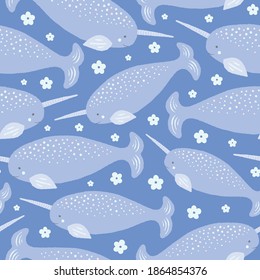 Narwhal pattern with flowers. Cute sea life animal design. Hand drawn vector seamless repeat illustration. 